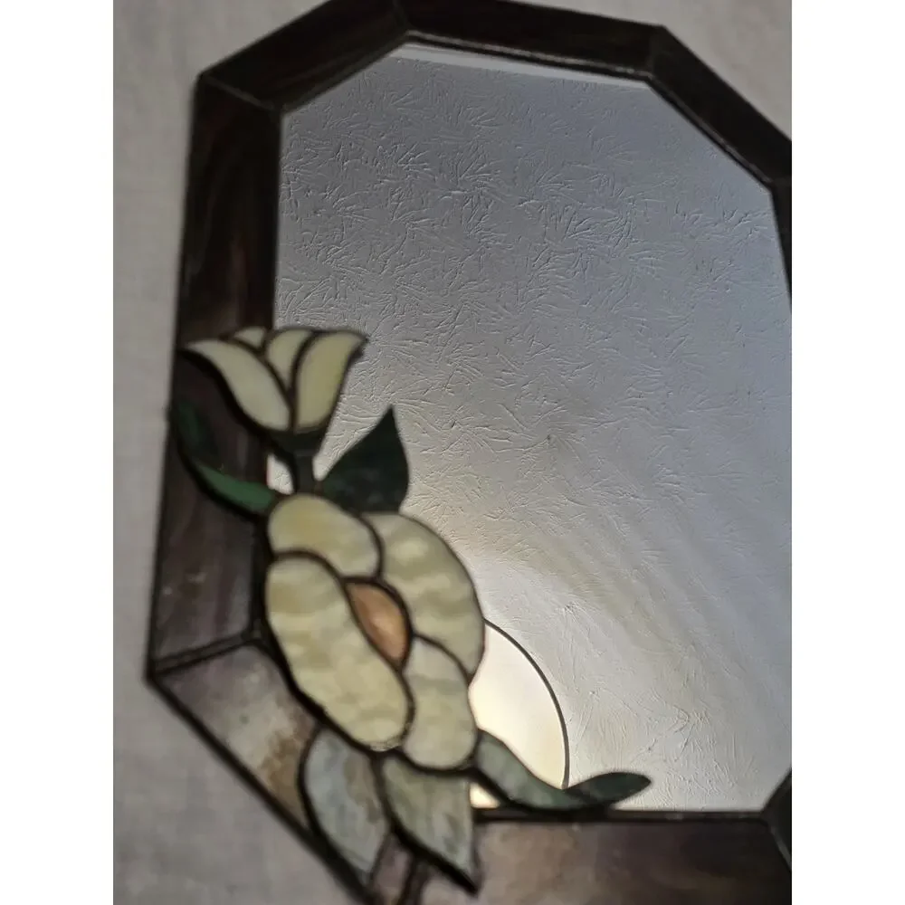 Vintage Floral Stained Glass Frame Mirror Flowers Cottage Flower 14 X 10